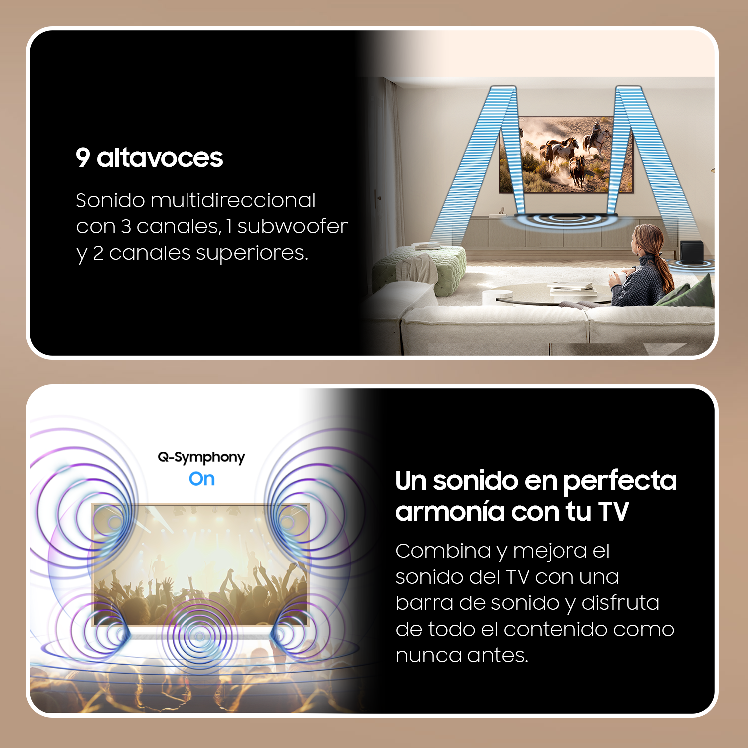 Gráficos que muestran tecnología de audio. Una imagen muestra un televisor, otra una multitud.