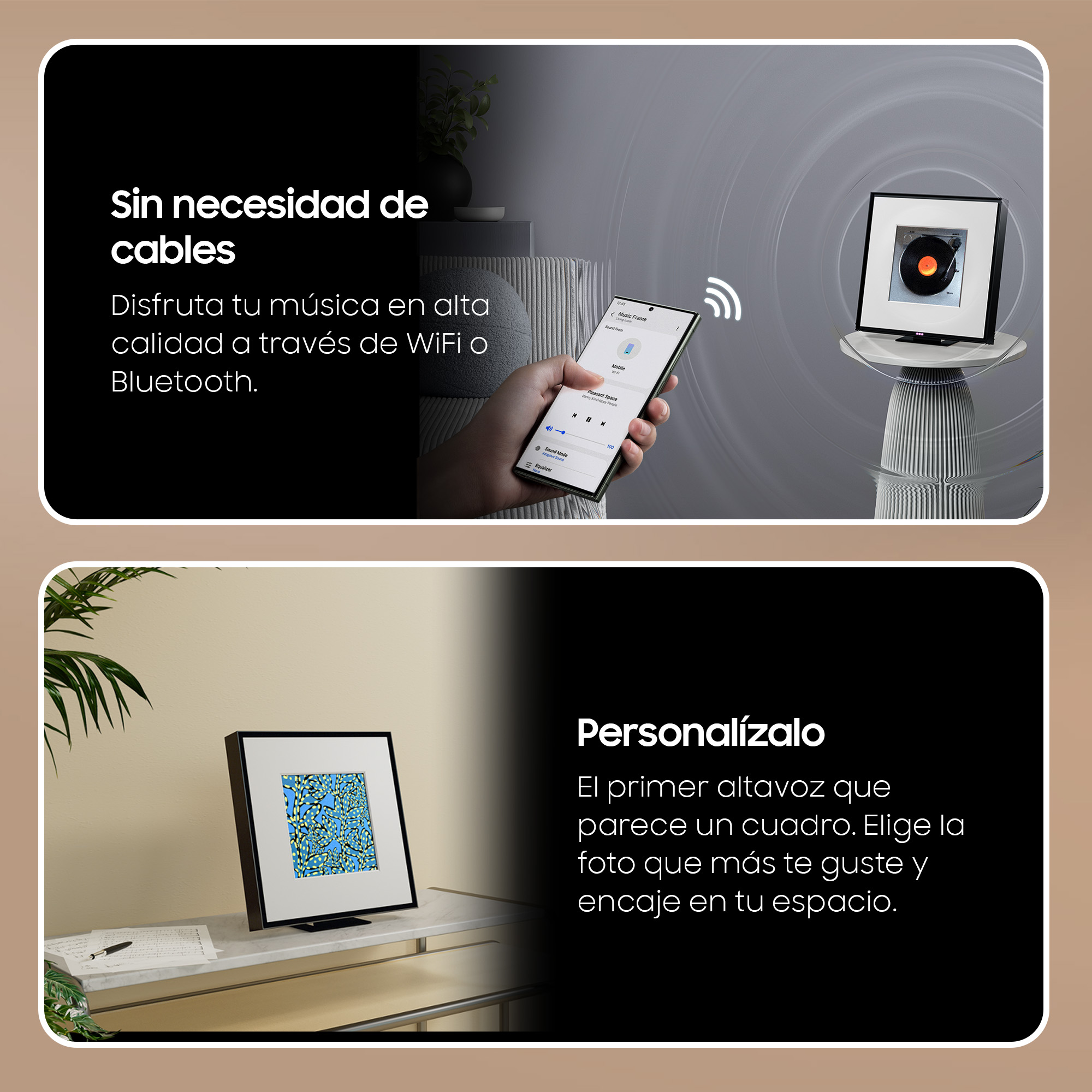 Dos paneles con información sobre un sistema de sonido. Muestra un altavoz y un teléfono móvil.