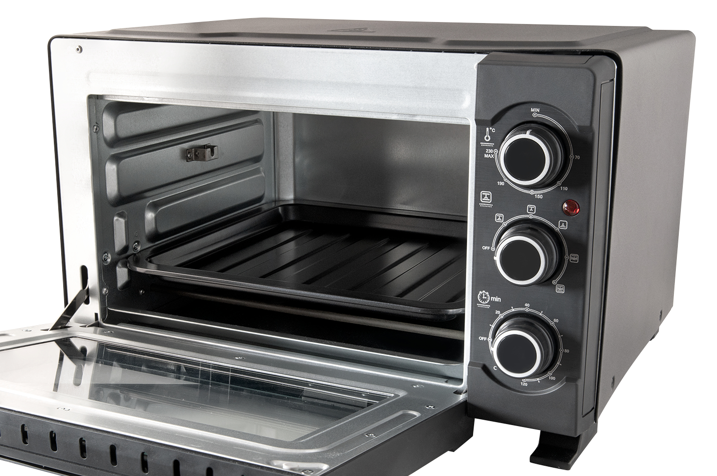 Ein offener Mini-Ofen mit einem Blech und Reglern für Temperatur, Heizung und Zeit.