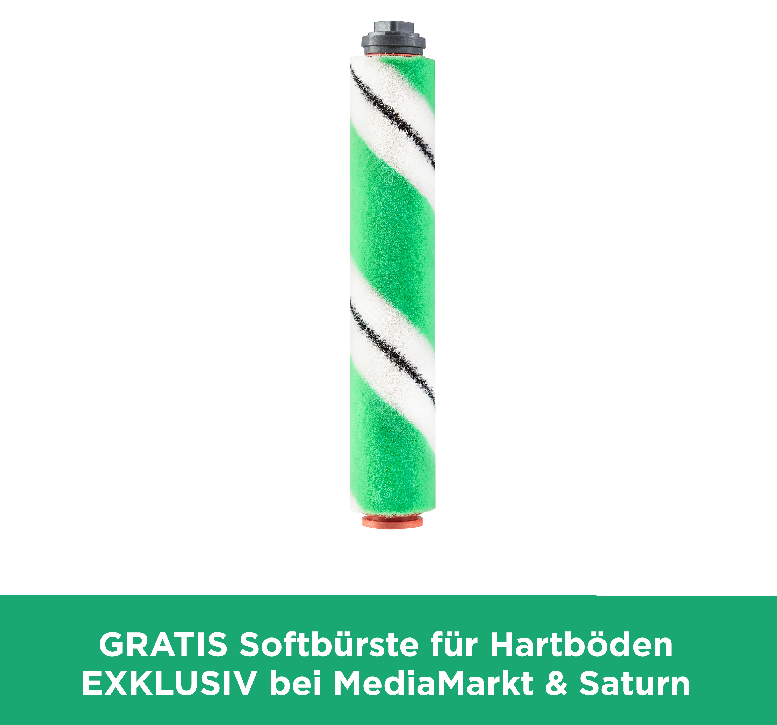Grün-weiße Staubsaugerbürste mit Text am unteren Rand.