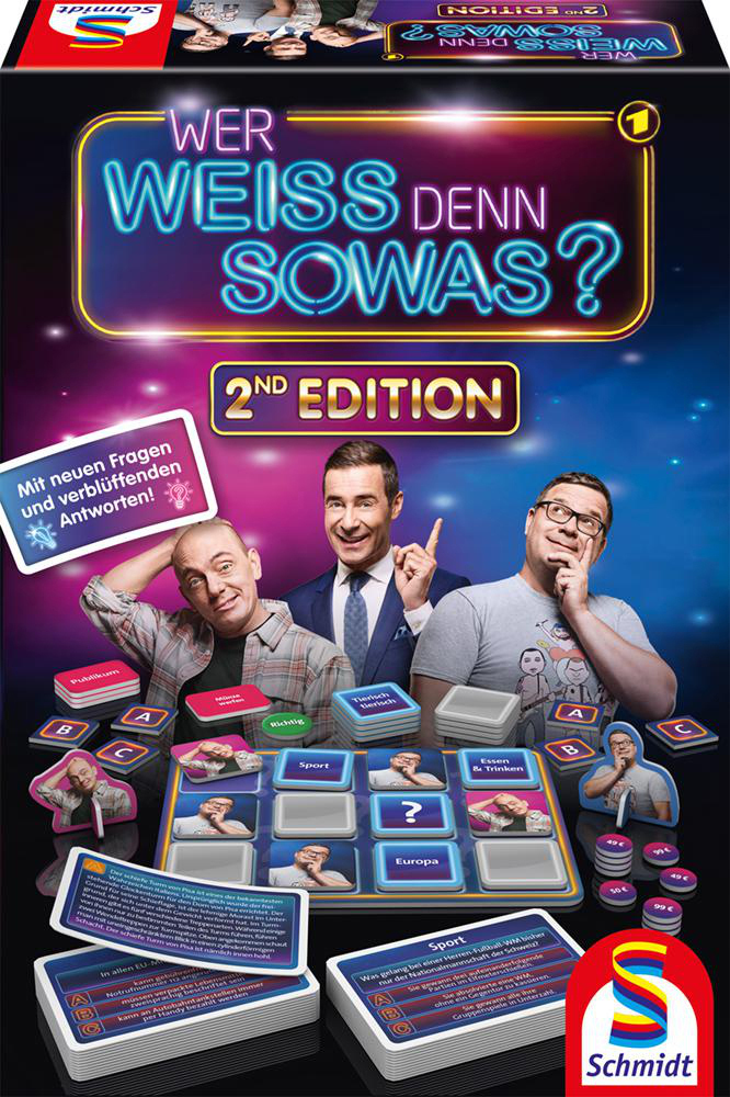 Spielbox mit drei Männern auf der Vorderseite. Titel in Neonlichtern. Brettspielkomponenten sichtbar.