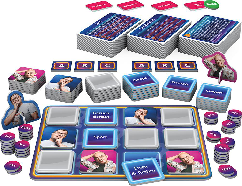 Brettspiel-Setup mit Karten, Token und Spielsteinen. Bunt und spielerisch.
