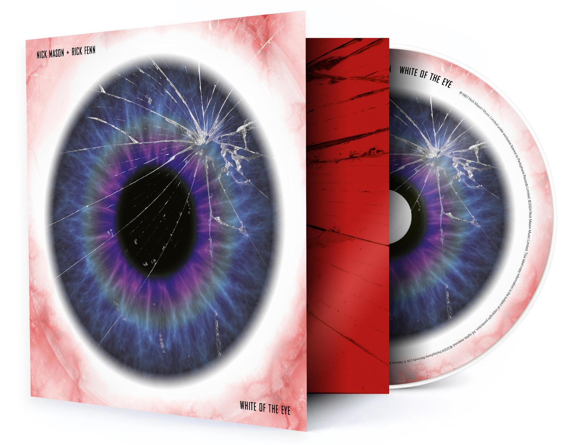 CD-Hülle mit einem Bild eines zerbrochenen Auges und CD im Inneren, rote Akzente.