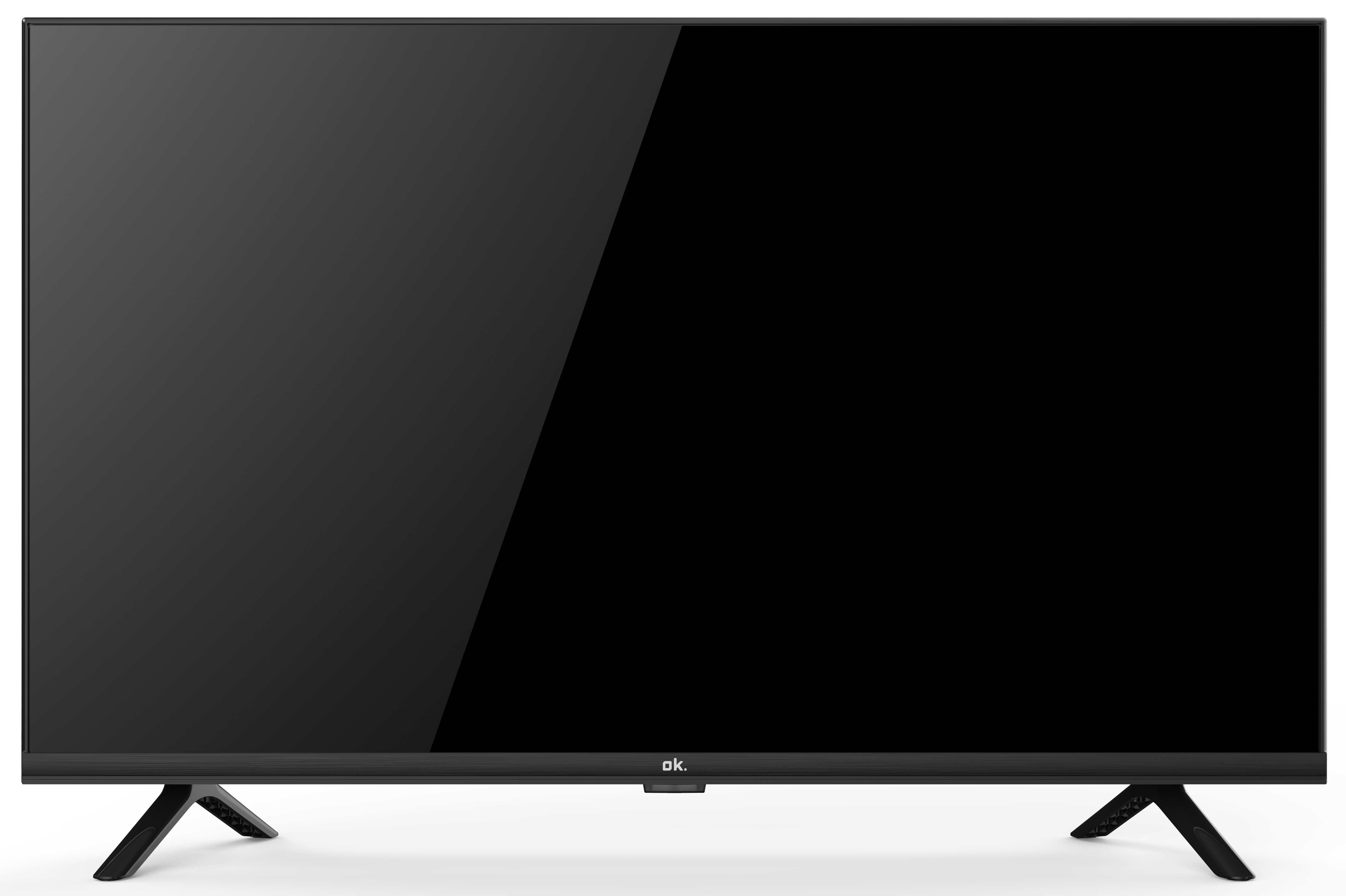 Czarny telewizor marki ok., z czarną ramą i podstawą, ekran włączony.