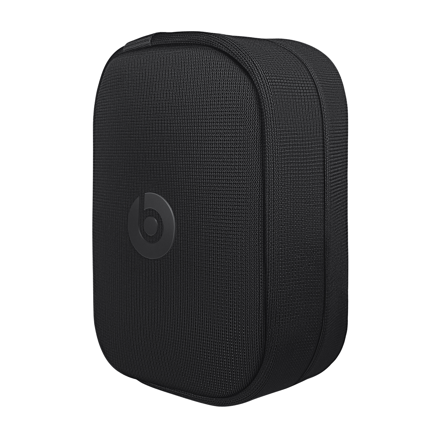 Una custodia in tessuto nero con un logo Beats. È ovale e chiusa.