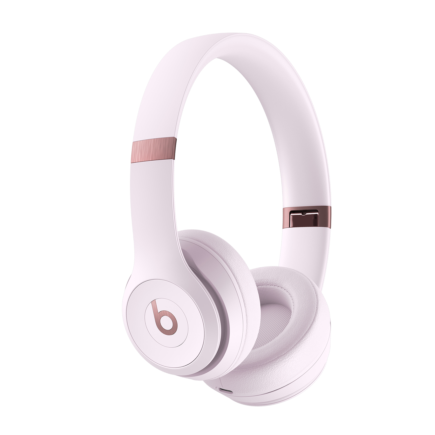 Cuffie Beats bianche con dettagli oro rosa, vista angolata.