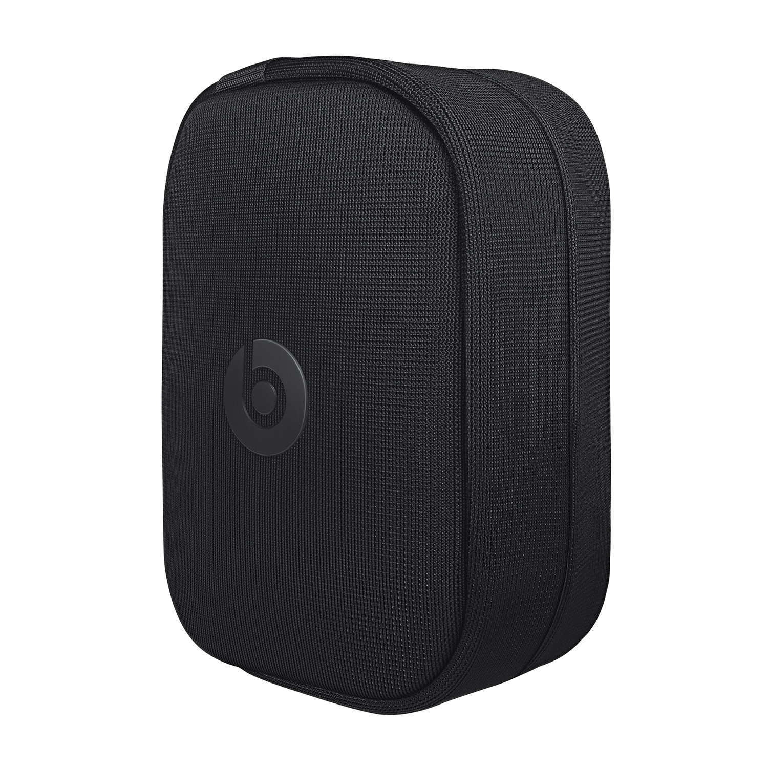 Una custodia Beats nera. Forma ovale con un logo Beats nero sul davanti.