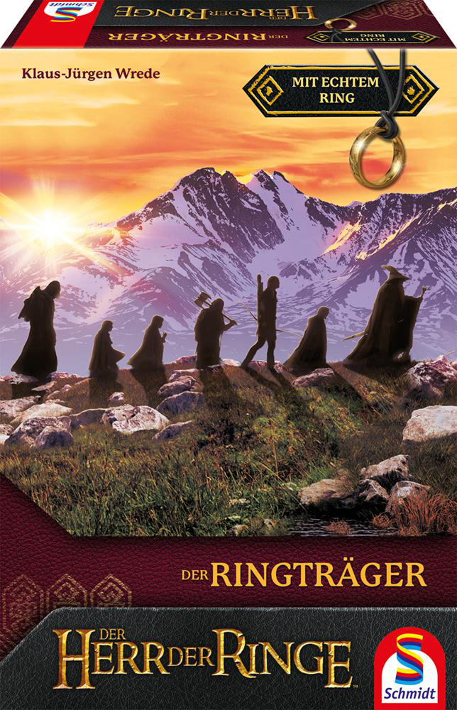 Box mit Buchcover von Der Herr der Ringe. Figuren gehen auf einen Berg zu.