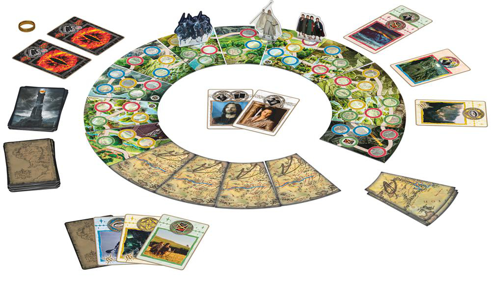 Herr der Ringe Brettspiel aufgebaut, Spielbrett, Karten und Spielsteine.
