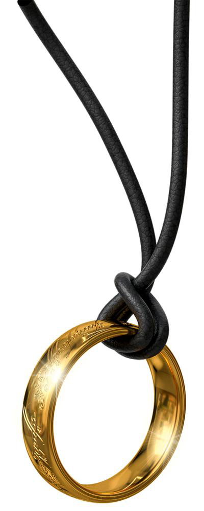 Ein goldener Ring mit Inschrift, der an einem schwarzen Seil hängt, oben verknotet.