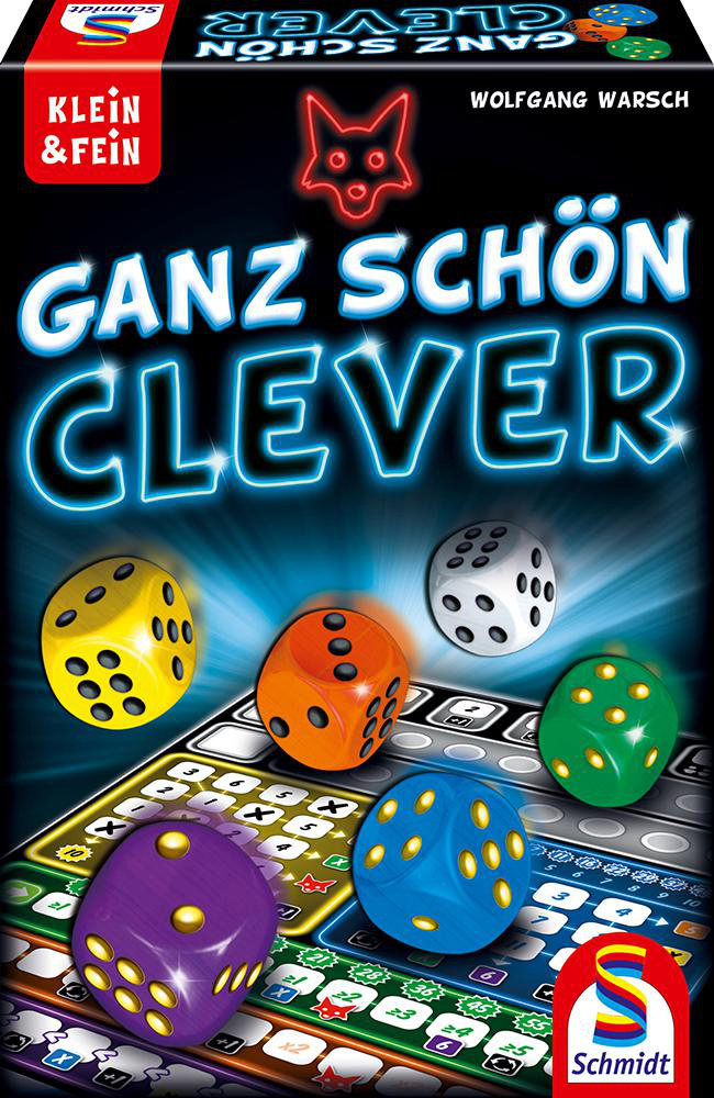 Brettspielbox mit Würfeln, einem Spielbrett und den Worten Ganz Schön Clever.