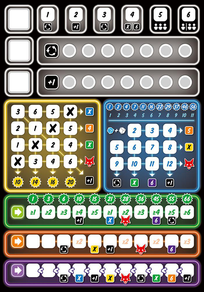 Spielbrett mit farbigen Quadraten und Symbolen. Enthält Zahlen, Pfeile und Icons. Schwarzer Hintergrund.
