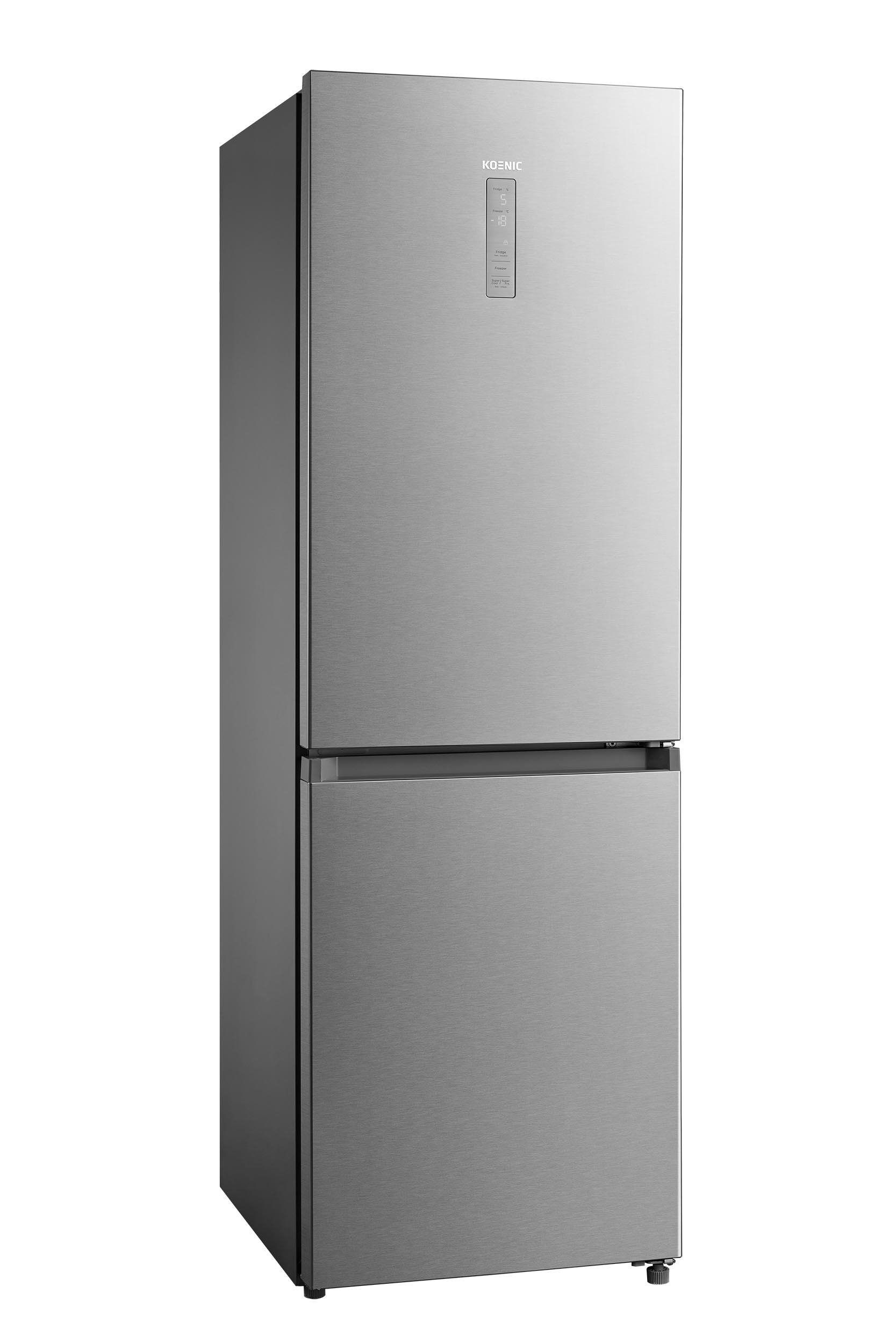 Silberner Koenic Kühlschrank mit Gefrierfach unten. Die Türen und der Griff sind sichtbar.
