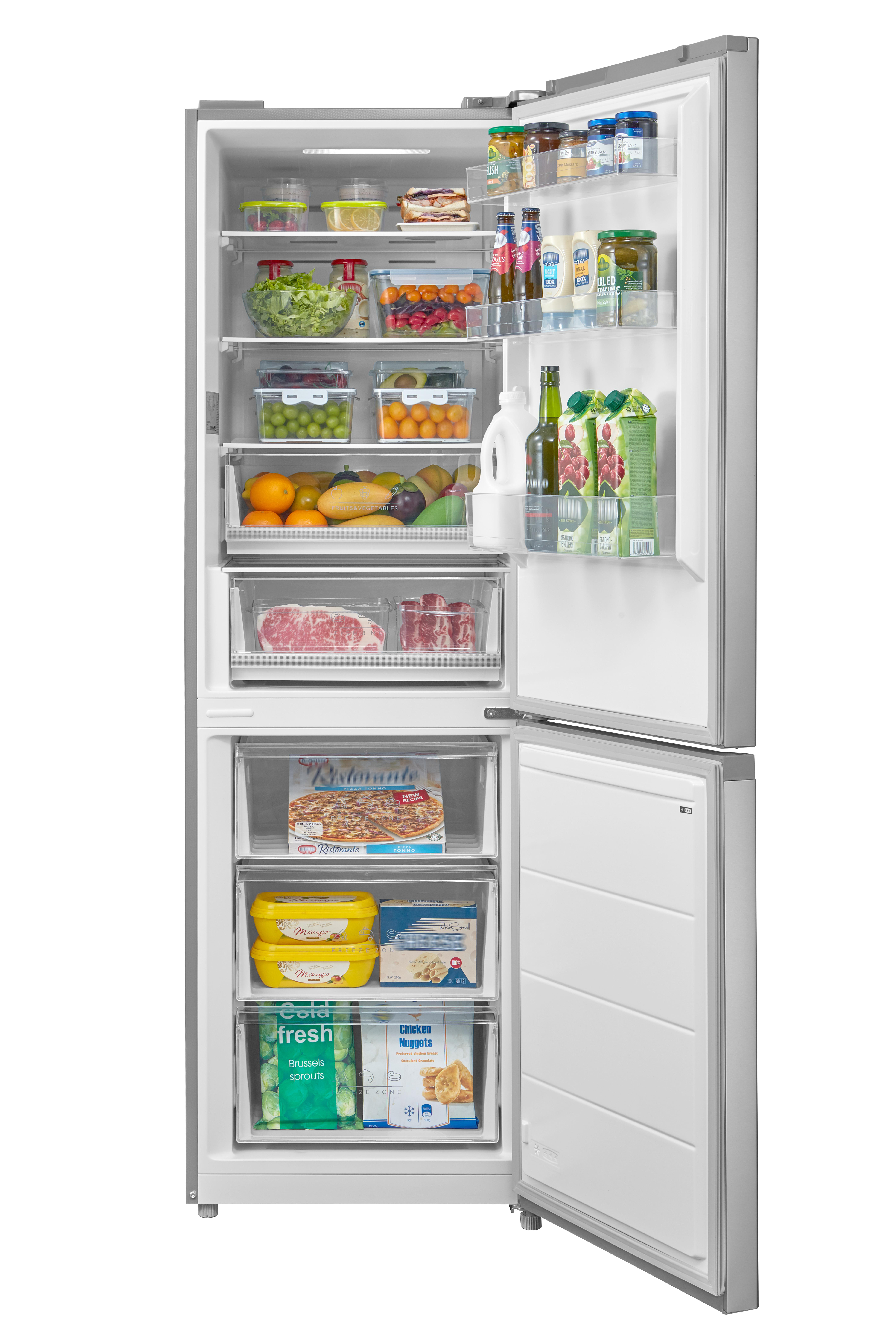 Offener Kühlschrank mit Lebensmitteln: Gemüse, Obst, Getränke, Fleisch, Tiefkühlkost.