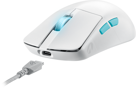 Fehér gamer egér kék díszítéssel, USB-C kábellel.
