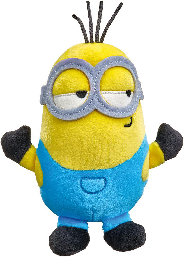 Gelbes Minion-Plüschtier mit blauen Overalls, runder Brille und schwarzen Haaren.