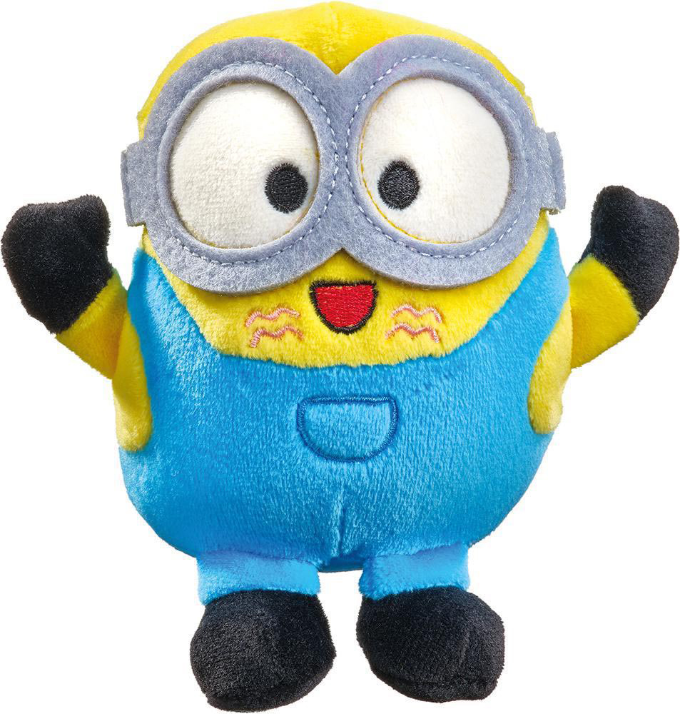 Ein Plüsch-Minion-Spielzeug. Es ist gelb und blau, mit großen Augen und erhobenen Armen.
