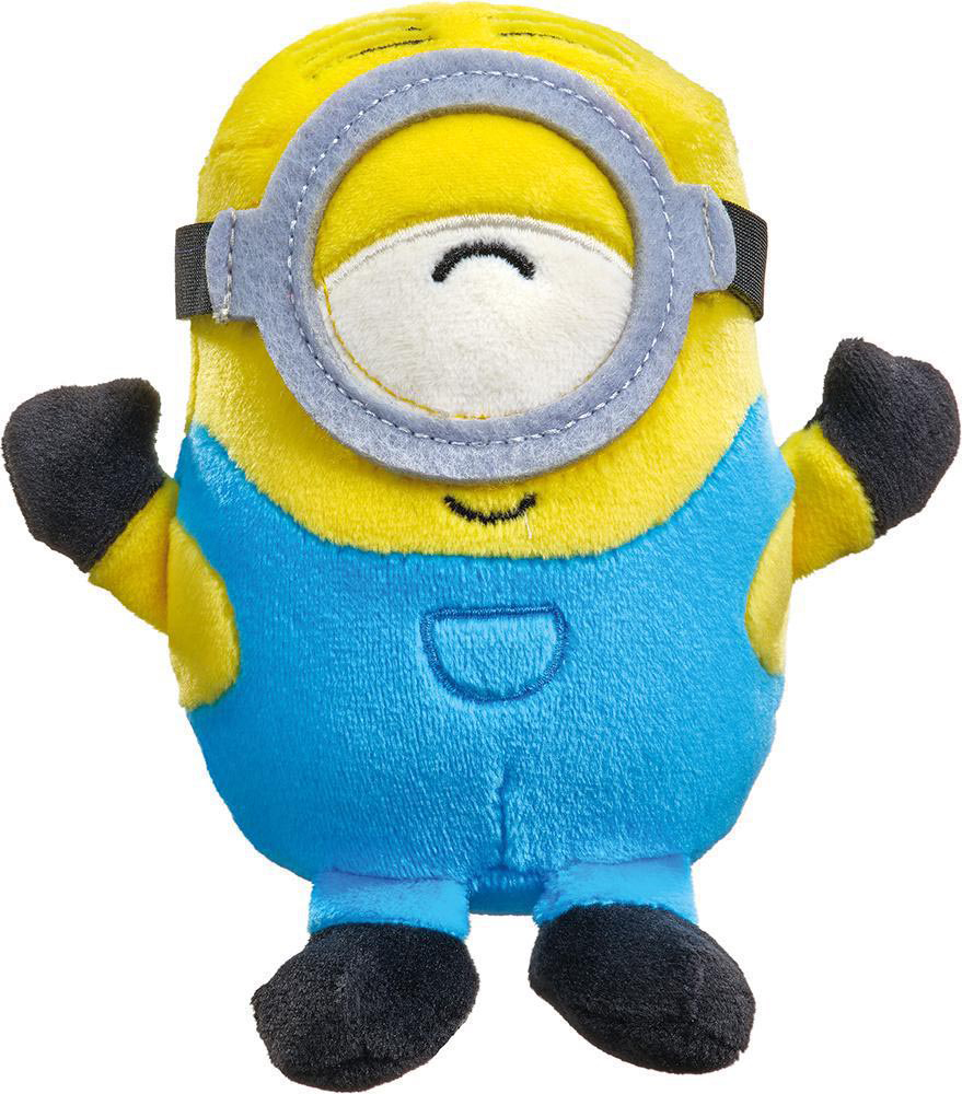 Minion-Plüschtier mit gelbem Körper, blauen Latzhosen, schwarzen Handschuhen und grauer Brille.