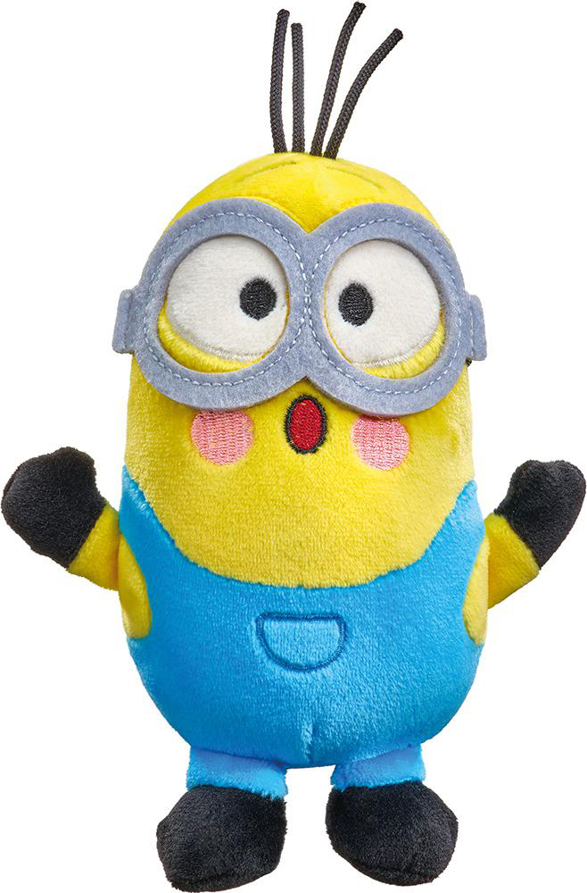 Gelbes Minion-Plüschtier in blauer Latzhose, mit überraschtem Ausdruck, auf Weiß.