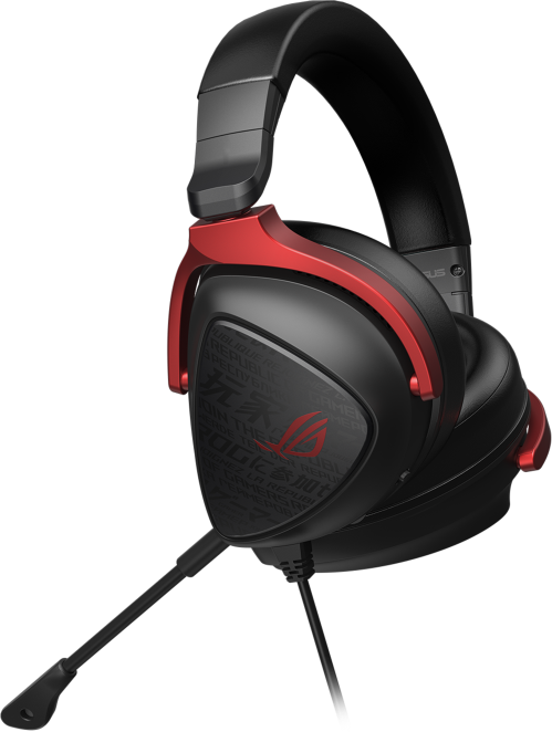 Fekete és piros gaming fejhallgató mikrofonnal, ROG logóval, fekete háttér előtt.
