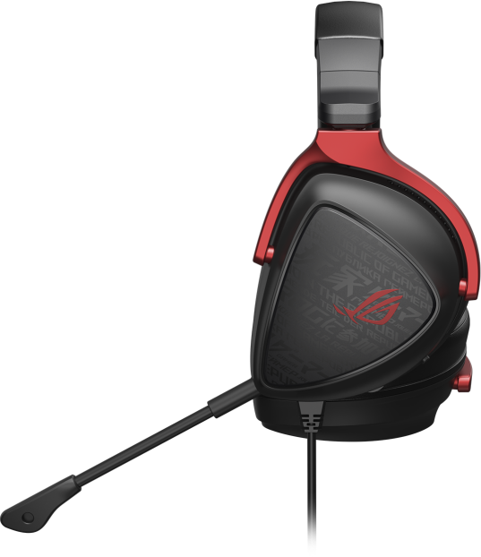 Piros-fekete dizájnú gamer headset. A mikrofon balra van.