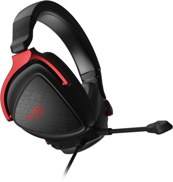 Fekete-piros ROG gaming headset. Mikrofon, fülkagylók és fejpánt látható.
