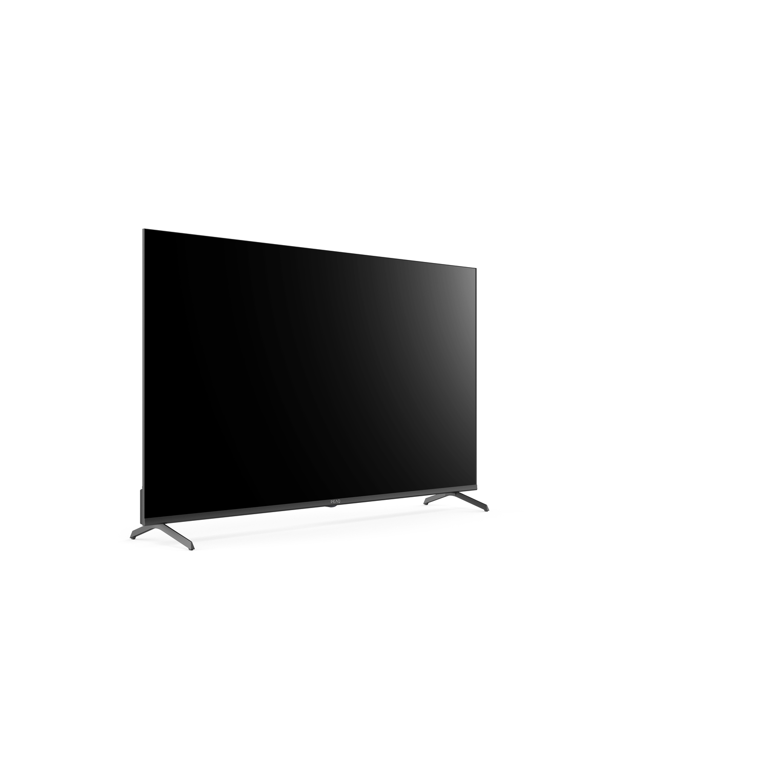 Een grote zwarte tv met een standaard, iets schuin opzij, witte achtergrond.