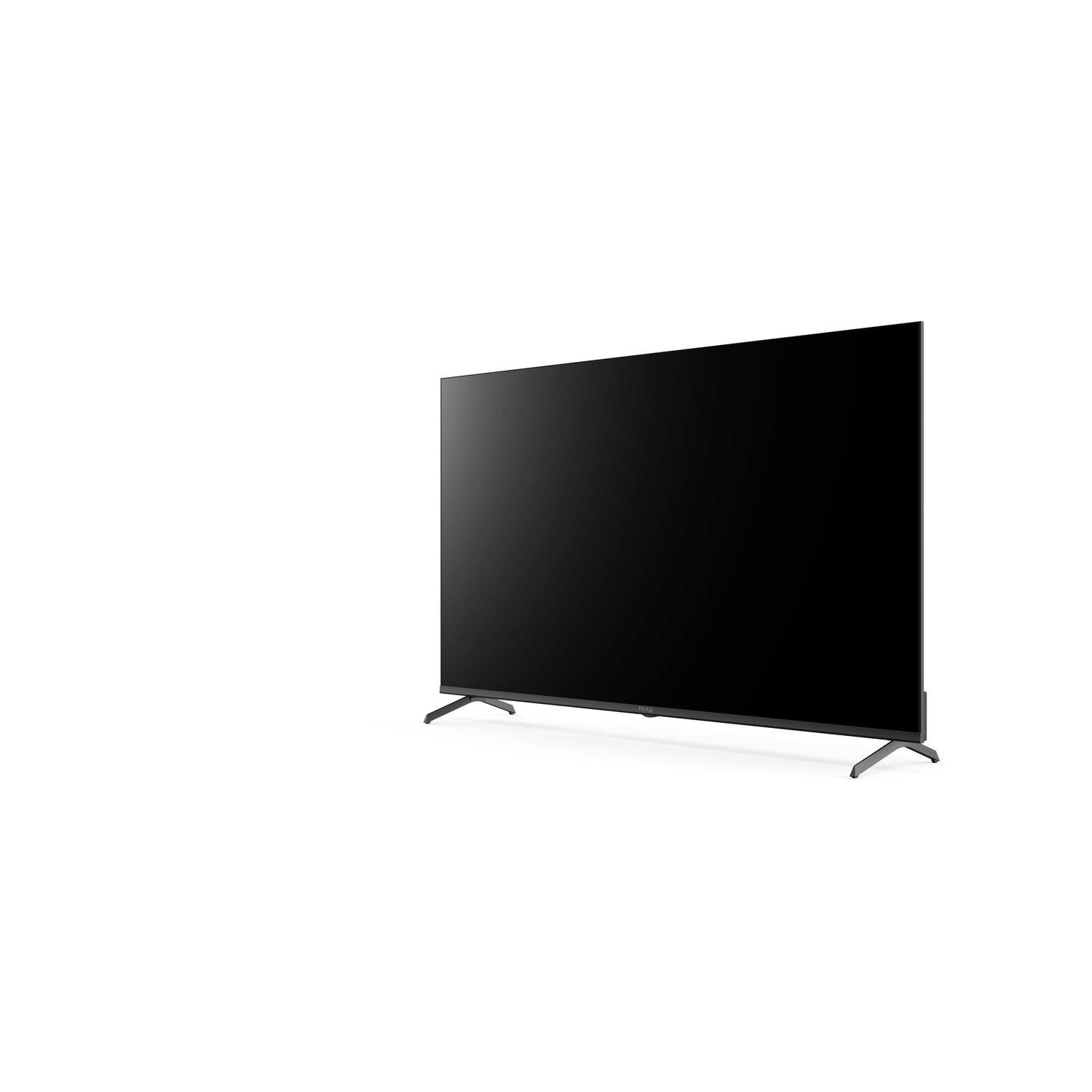 Een grote zwarte tv op een standaard, op een witte achtergrond. Het scherm staat aan.
