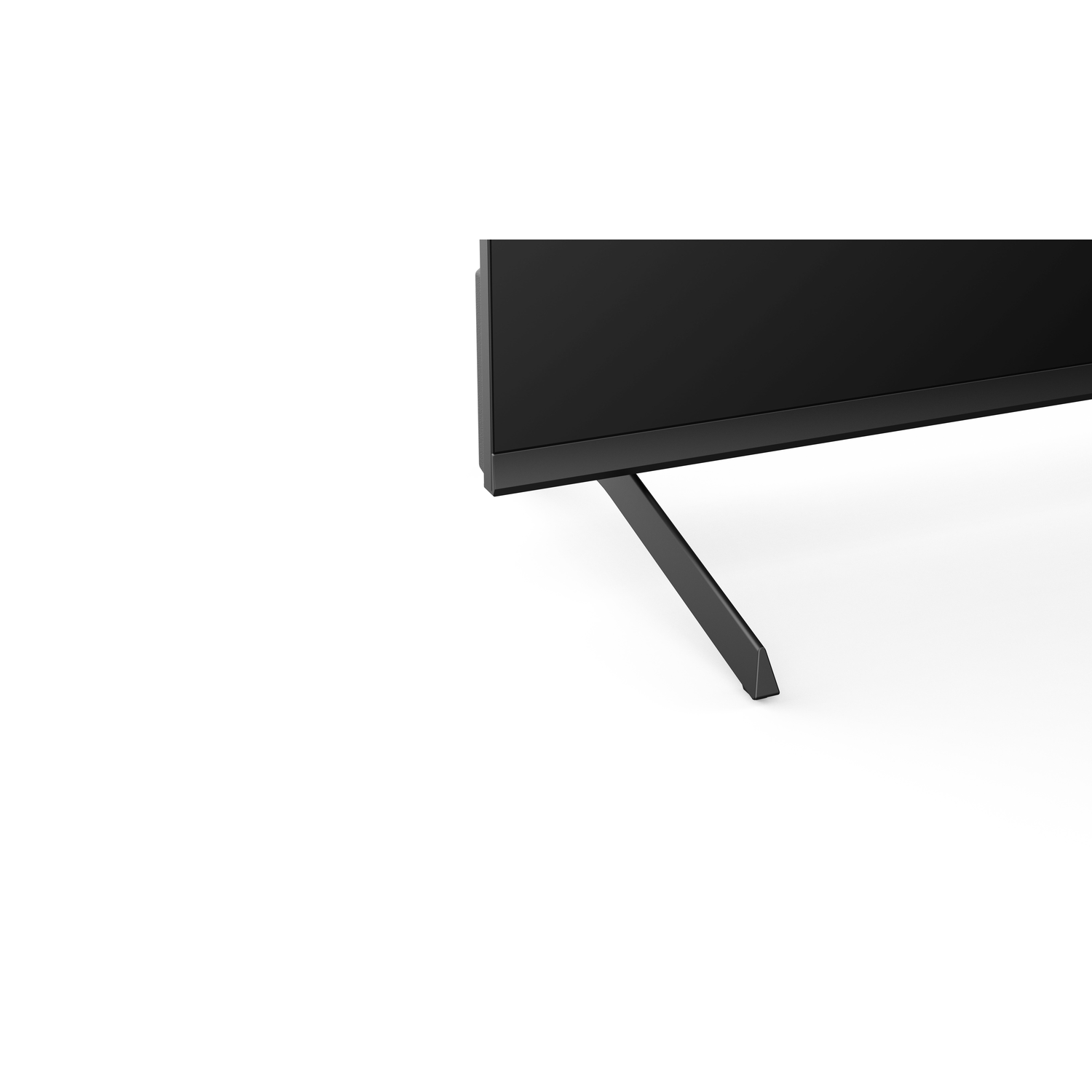 Zwarte tv, schuine weergave, met standaard en minimalistisch ontwerp.