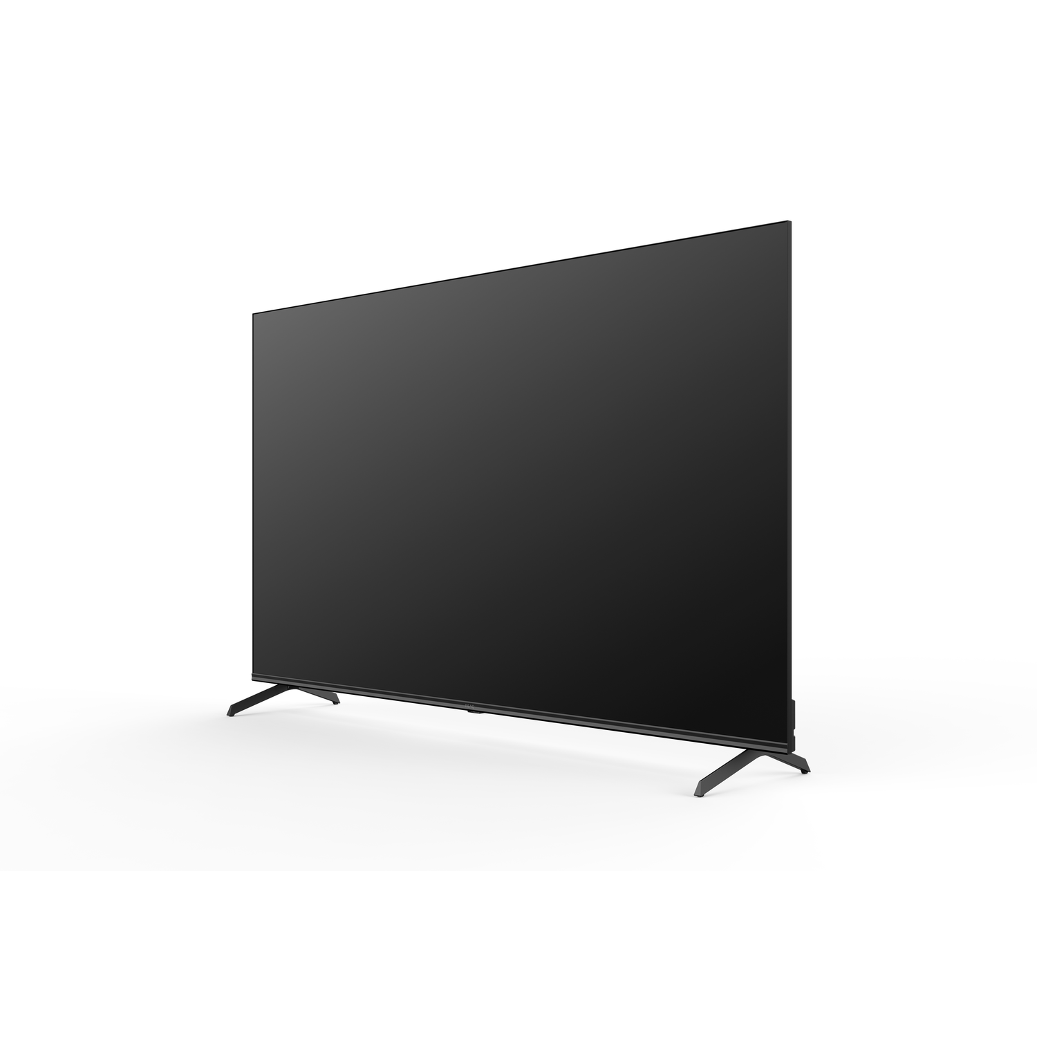 A black TV on a white background, angled slightly.