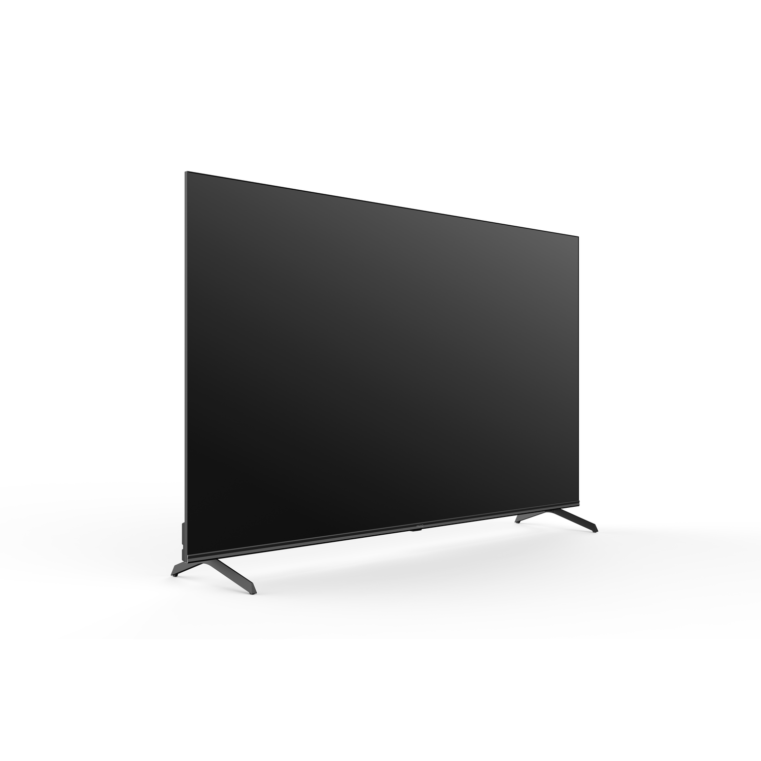 A large black TV screen with a thin frame and stand, on a white background.