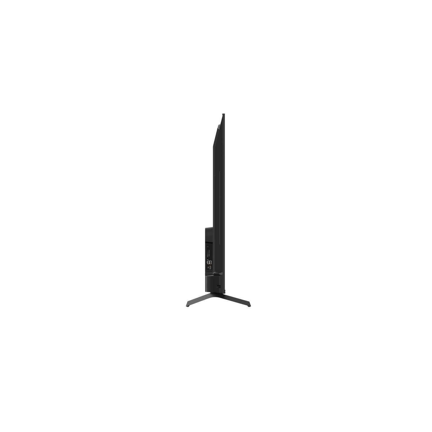 A black television with a thin bezel, viewed from the side. It has a stand.