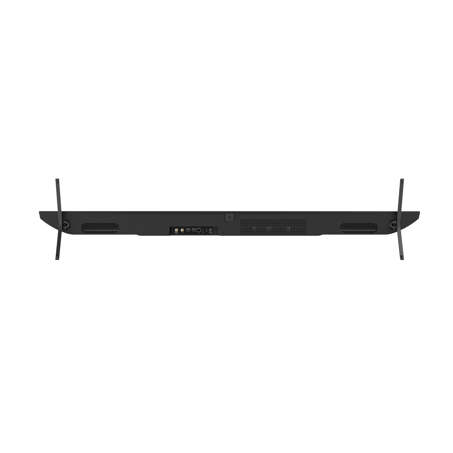 TV back with ports and connectors. Two legs extend from the sides. Black color.