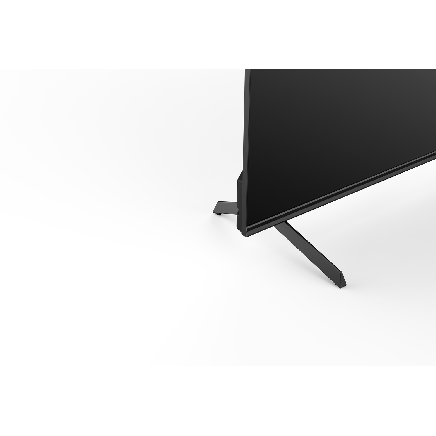 A television screen on black legs. The screen is black and the background is white.