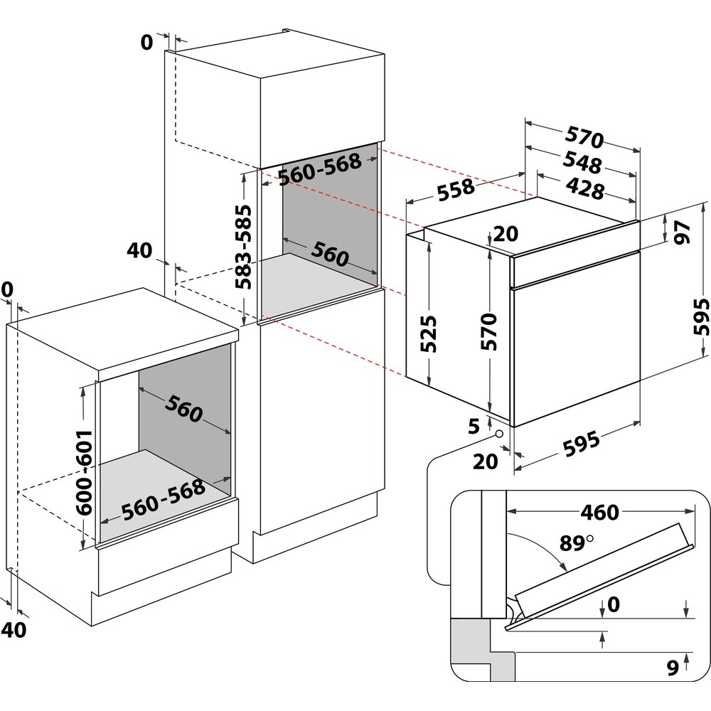 Diagrama de un horno empotrado con dimensiones. Muestra la colocación y medidas del horno.