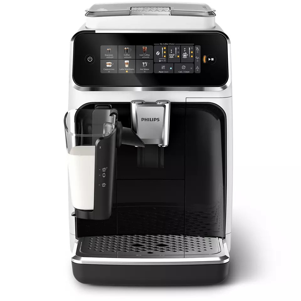 Cafetera espresso Philips blanca y negra con recipiente de leche y pantalla táctil.