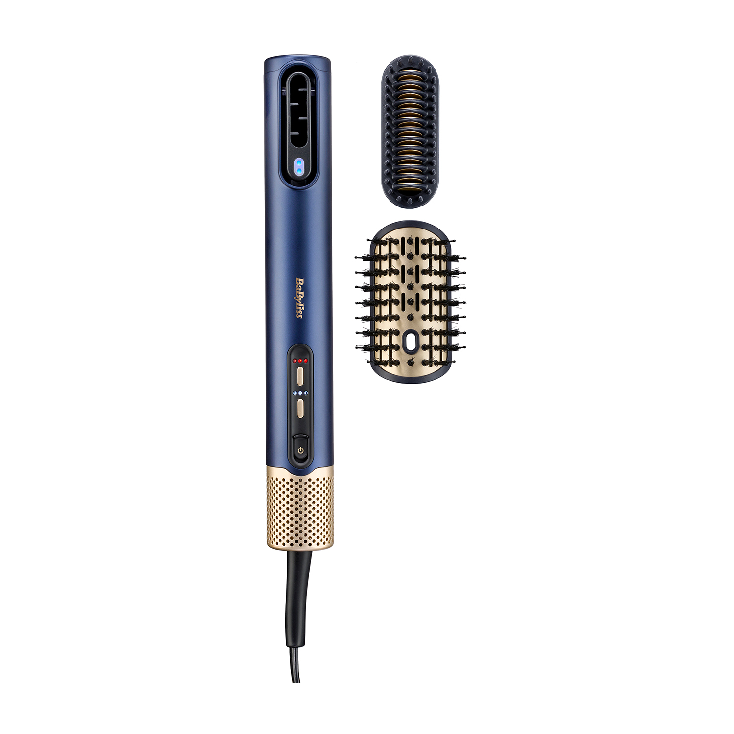 Uno strumento per lo styling dei capelli blu e oro con due accessori.
