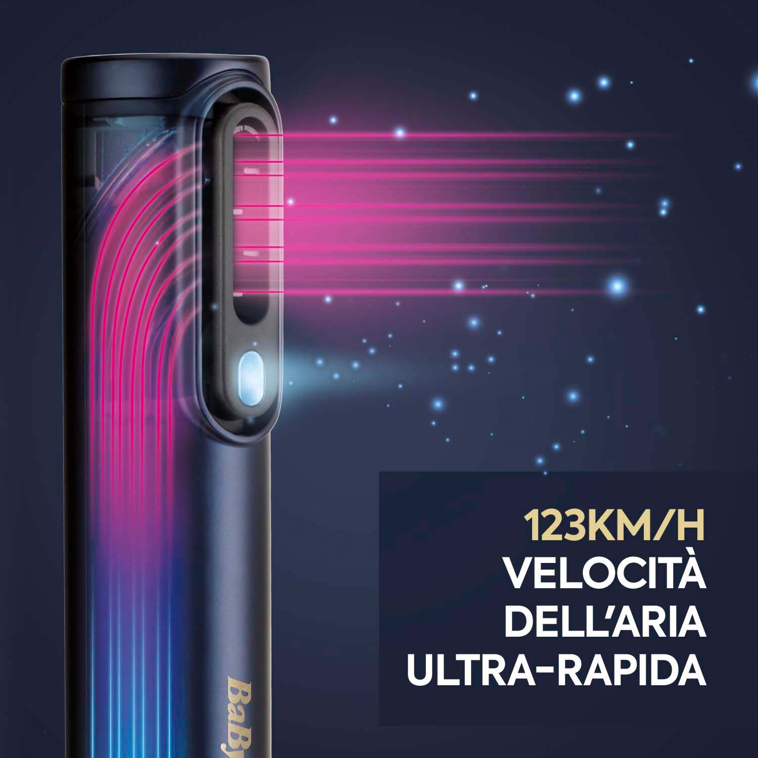 Piastra per capelli nera con raggi di luce rosa. Testo: 123KM/H VELOCITÀ DELL'ARIA ULTRA-RAPIDA.