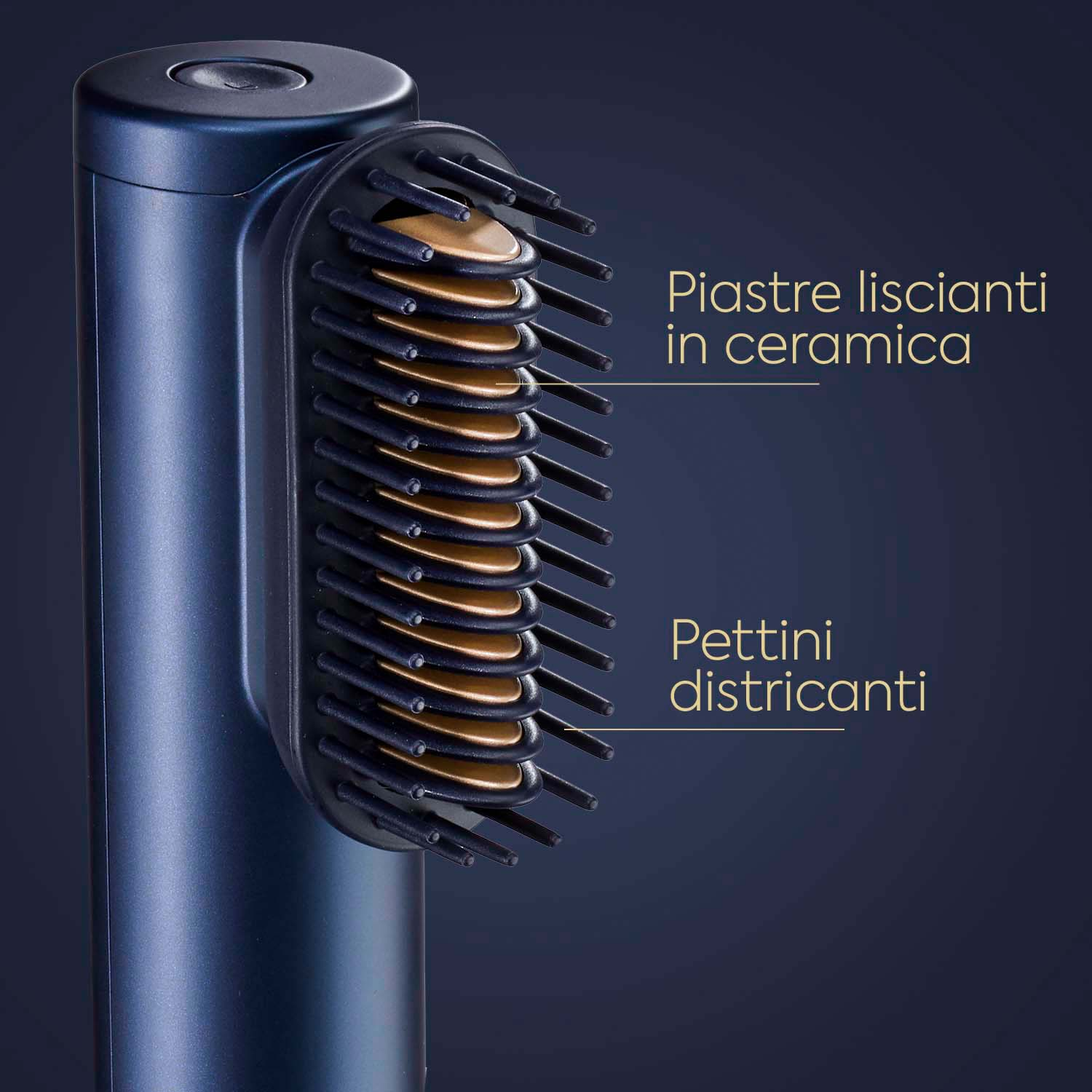 Accessorio per lisciare i capelli con piastre in ceramica e pettini. Testo: 'Piatre liscianti in ceramica'.
