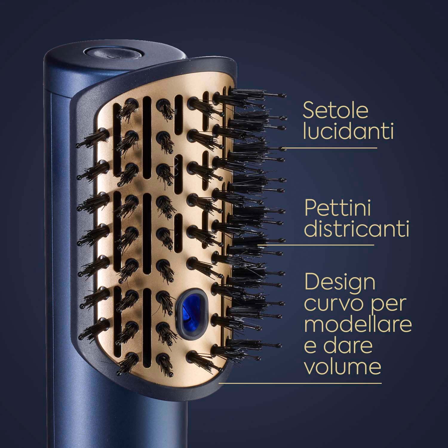 Spazzola asciugacapelli con testo: 'SETOLE LUCIDANTI', 'PETTINI DISTRICANTI', 'DESIGN CURVO PER MODELLARE E DARE VOLUME'.