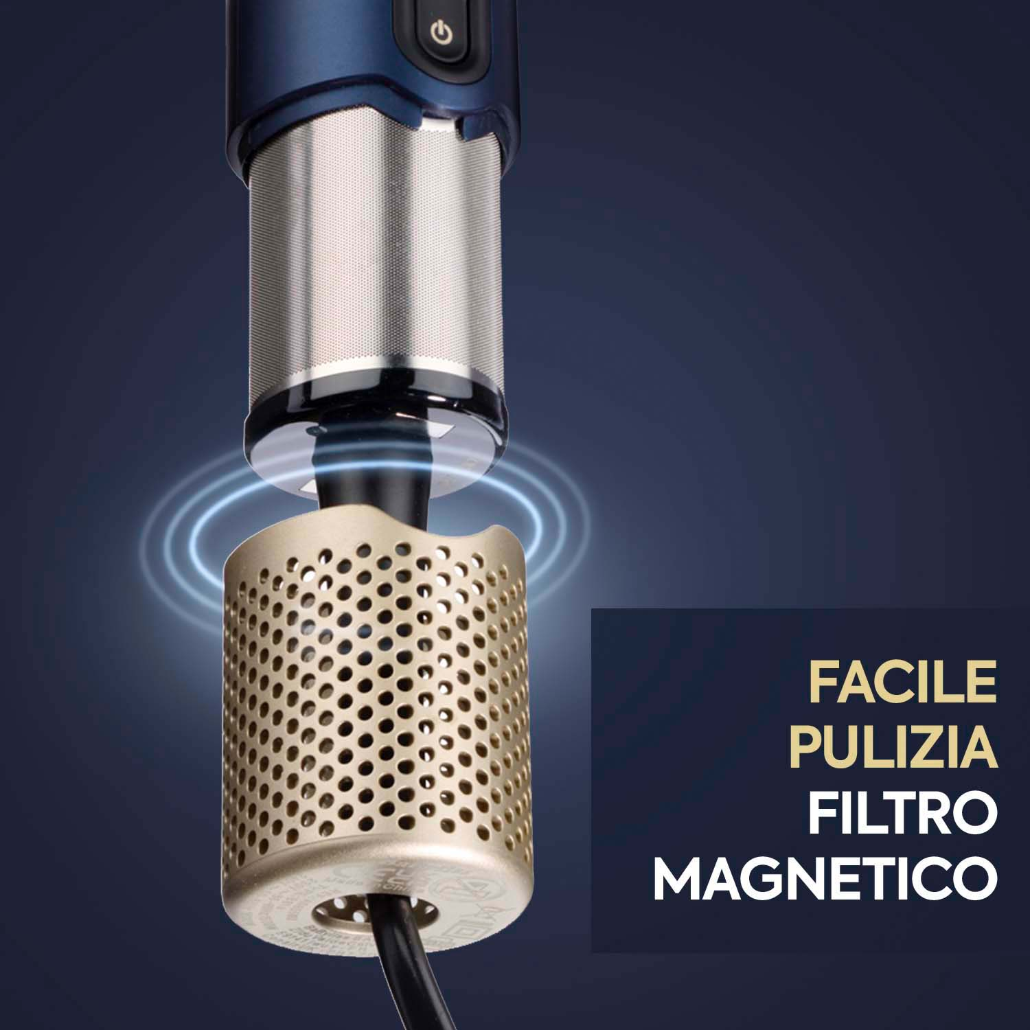 Vista ravvicinata del filtro di un asciugacapelli e del suo involucro metallico. Il testo indica una facile pulizia.