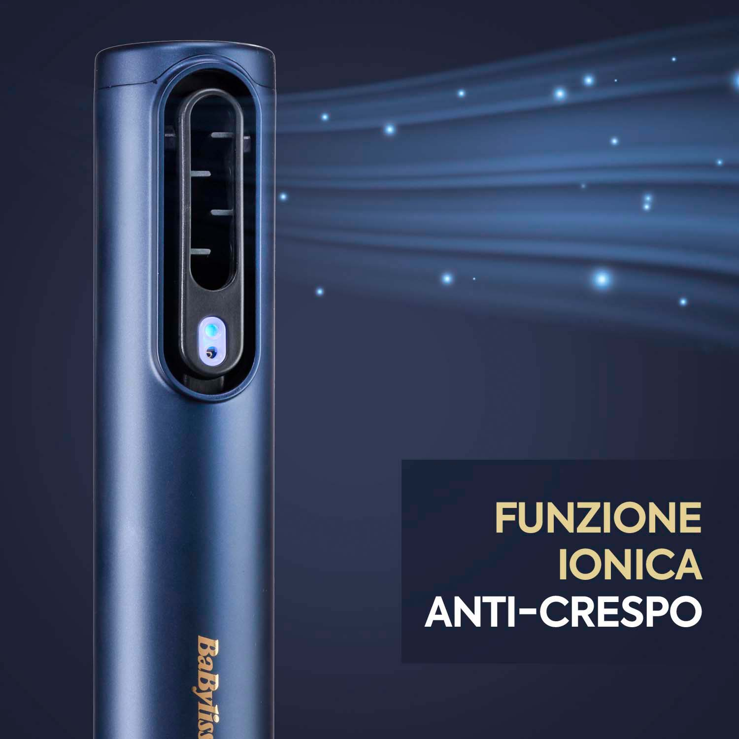 Un dispositivo blu simile a un asciugacapelli con il testo 'FUNZIONE IONICA ANTI-CRESPO' in italiano.
