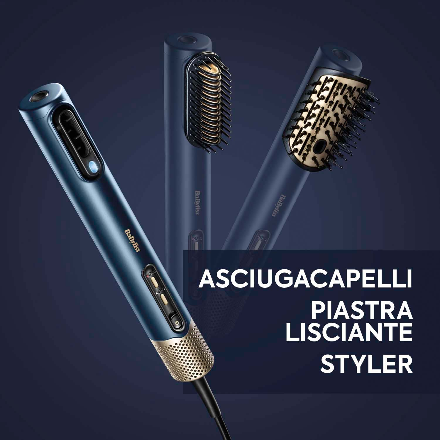 Uno styler in tre pose, blu scuro con dettagli dorati, testo sottostante.
