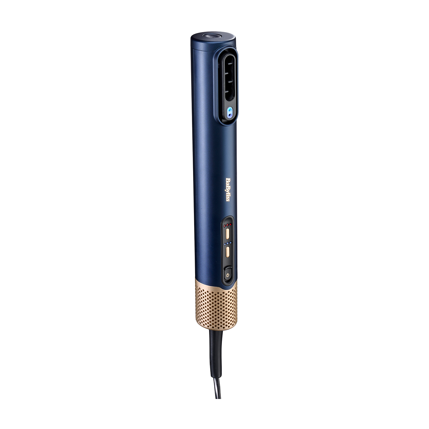 Arricciacapelli blu navy e oro con cavo nero. Il marchio è visibile.