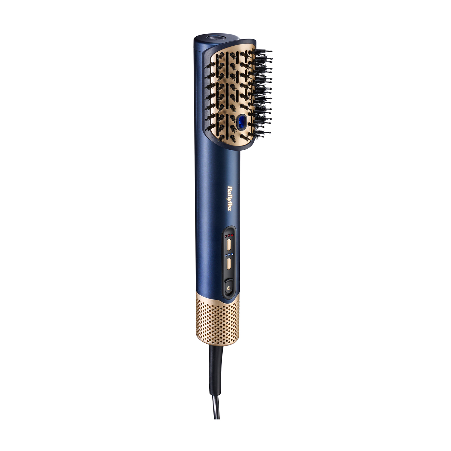 Spazzola per styling Babyliss blu e oro. Ha una testina e un manico.