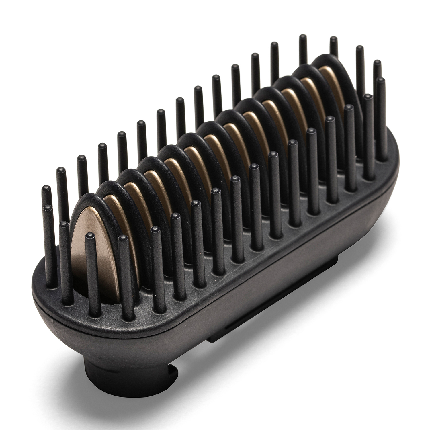 Accessorio per lisciare i capelli nero con setole nere verticali e piastre dorate.