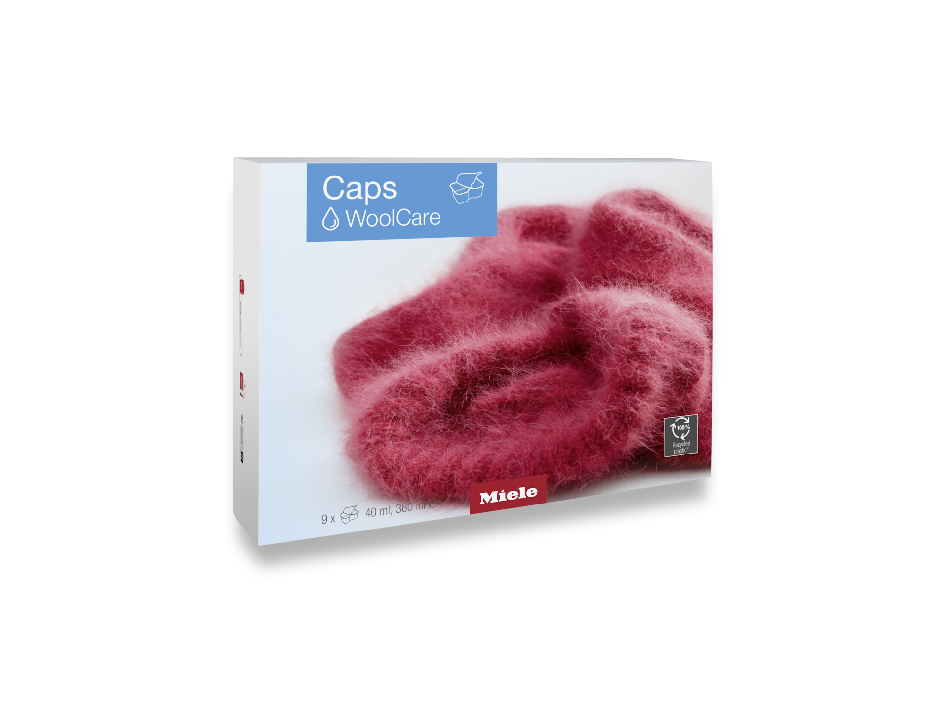 Egy doboz rózsaszín gyapjúápoló sapka, elöl a 'Caps WoolCare' felirattal.