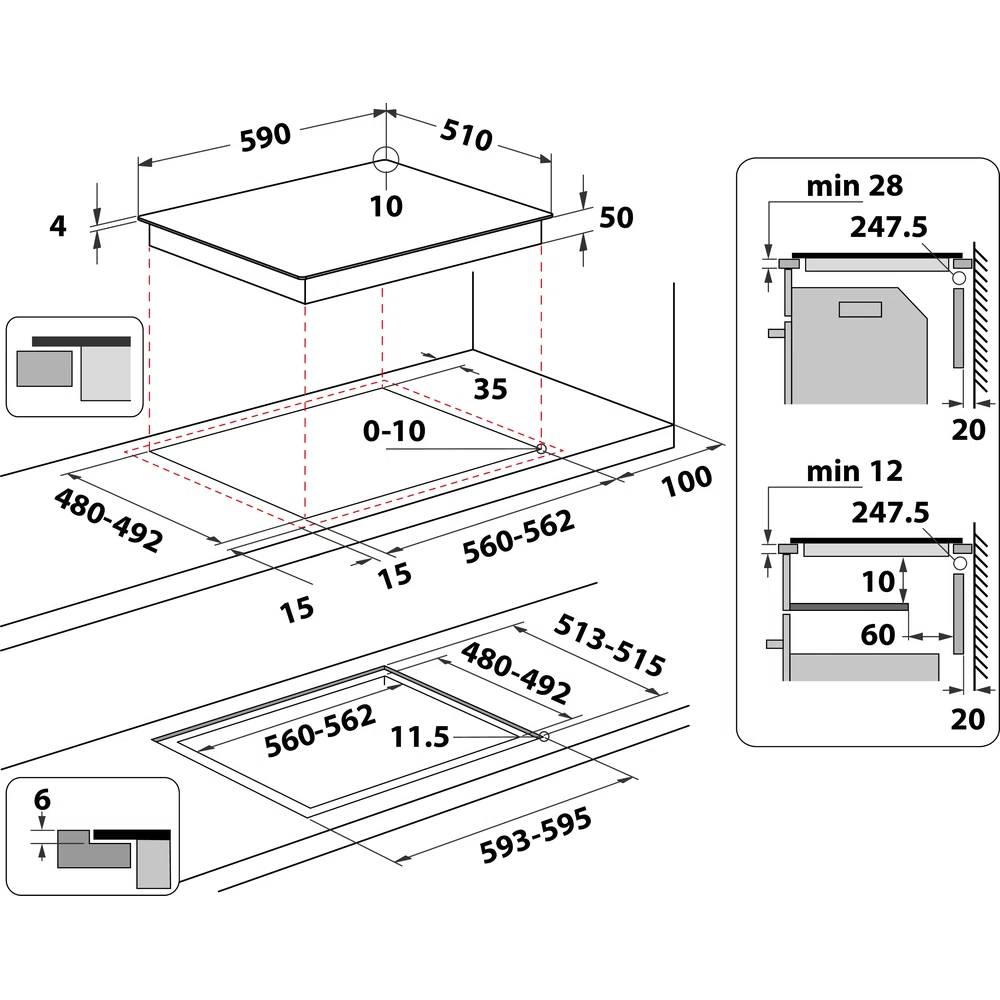 Diagrama de una placa de cocina con dimensiones y detalles técnicos.