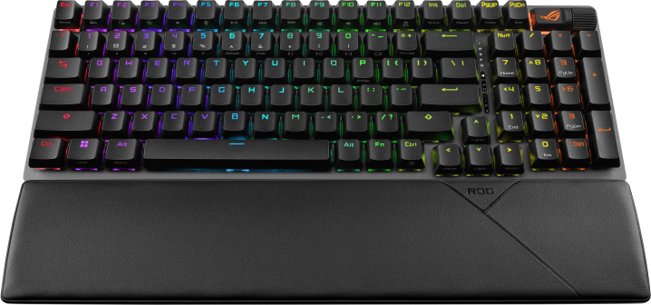 Fekete gamer billentyűzet színes háttérvilágítású gombokkal és csuklótámasszal. A ROG márkanév látható.