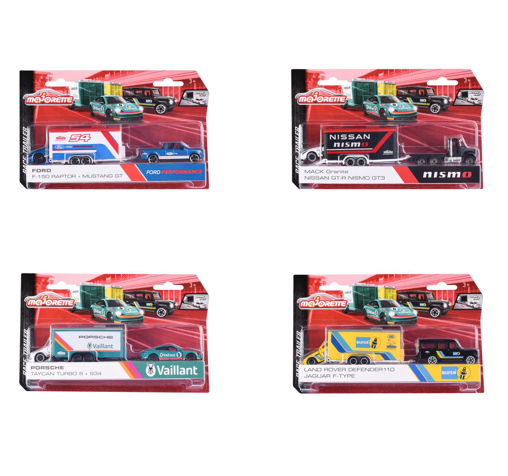 Vier Spielzeugautosets in Schachteln, die verschiedene Automodelle und Anhängerkombinationen zeigen, vor weißem Hintergrund.